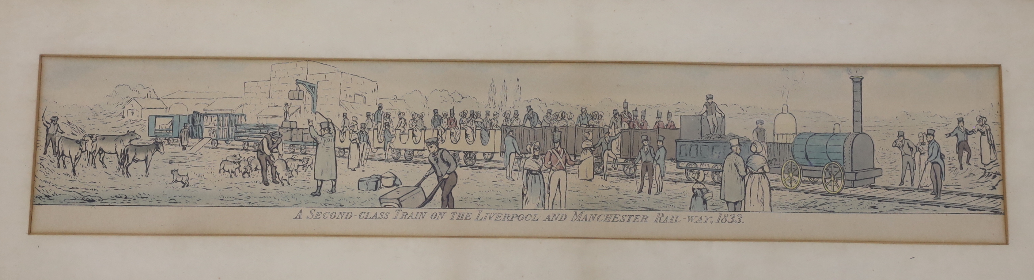 19th century, set of four colour railway lithographs including ‘First class train on the Liverpool and Manchester Railway, 1833’, 9.5 x 52cm